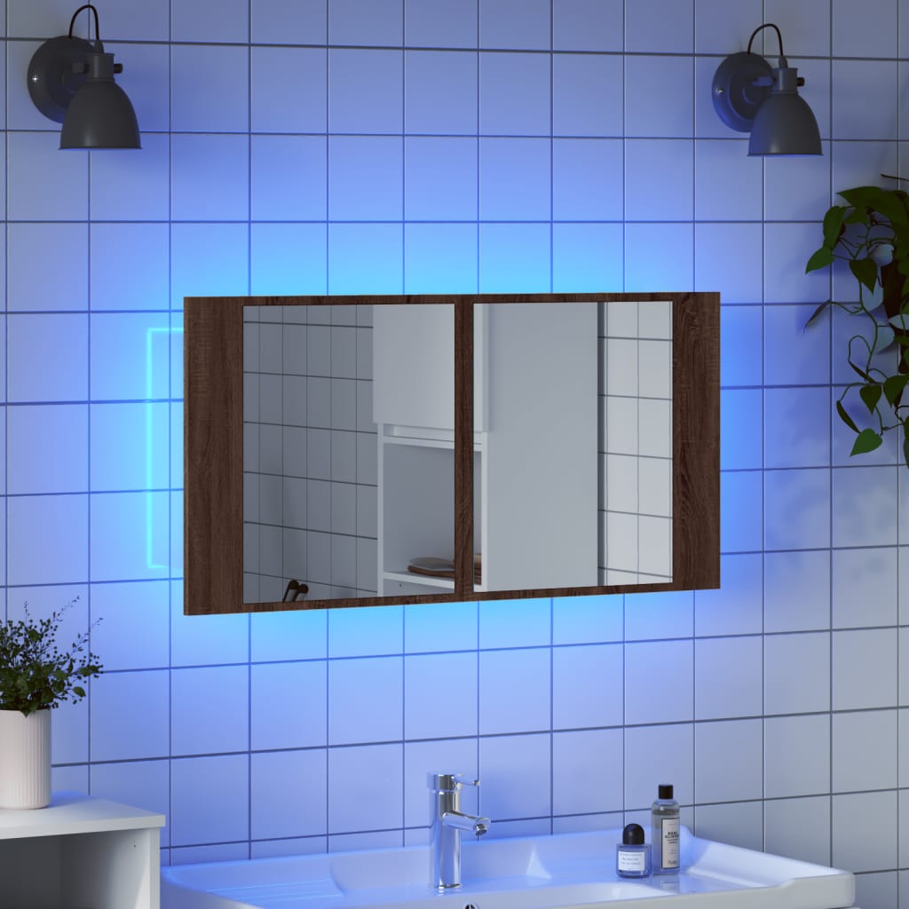 vidaXL LED Bathroom Mirror Cabinet Brown Oak 90x12x45 cm Acrylic 4