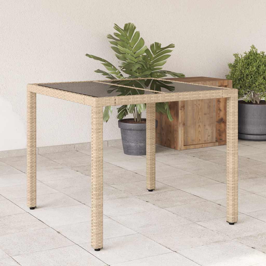 vidaXL Garden Table with Glass Top Beige 90x90x75 cm Poly Rattan 1