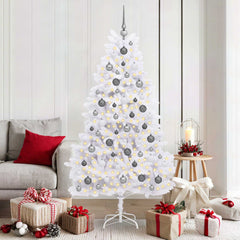 Artificial Hinged Christmas Tree 180 cm 300 LEDs Warm PVC White Ø 90 x 180 cm with 300 LEDs&white/grey balls