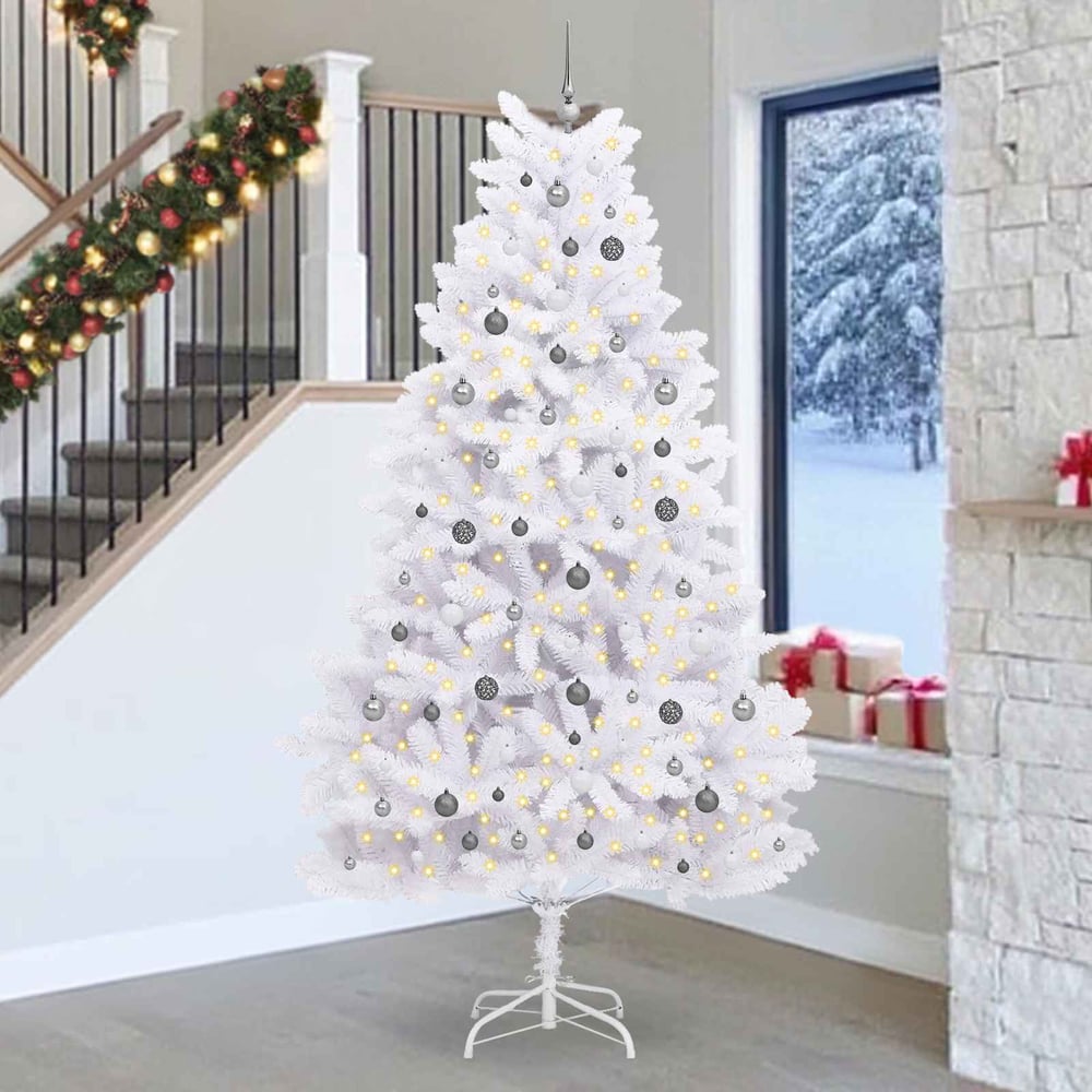 Artificial Hinged Christmas Tree 270 cm 300 LEDs Warm PVC White Ø 128 x 270 cm with 300 LEDs&white/grey balls