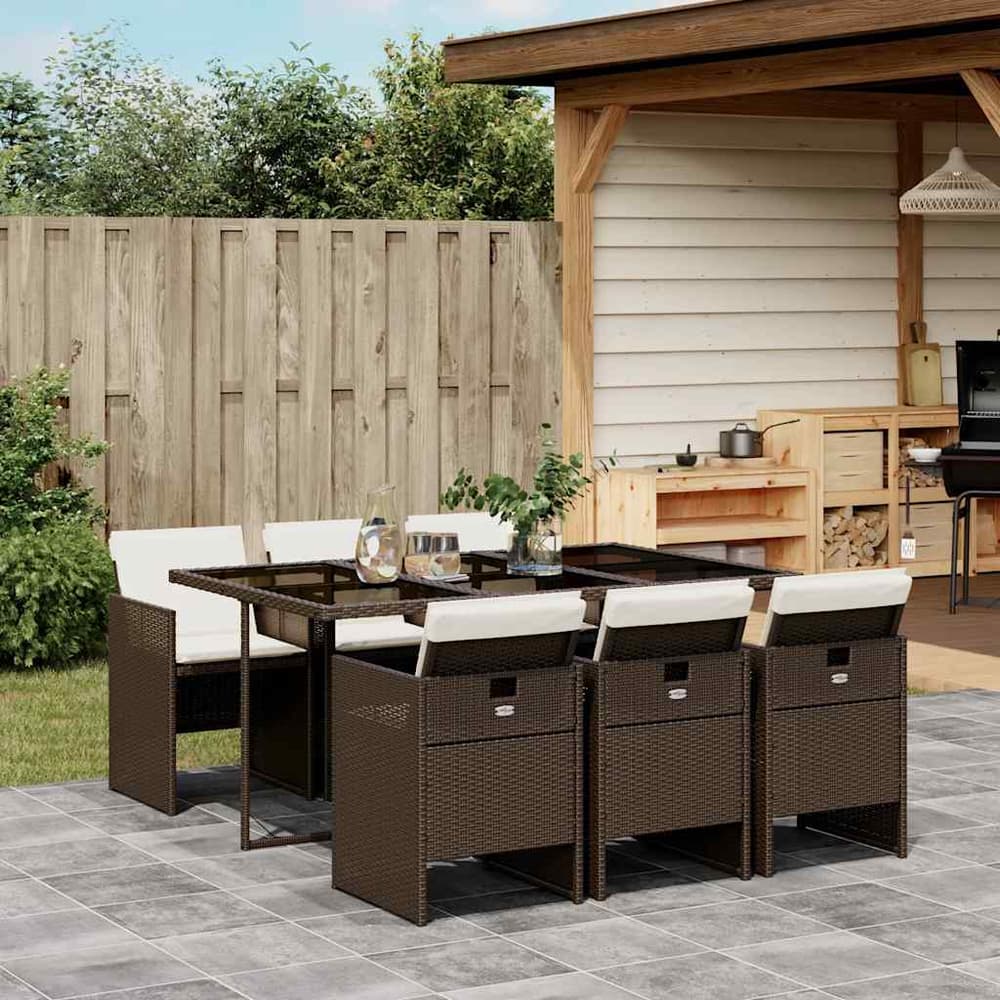 7 Piece Garden Dining Set with Cushions Poly Rattan Glass 6 pcs Brown