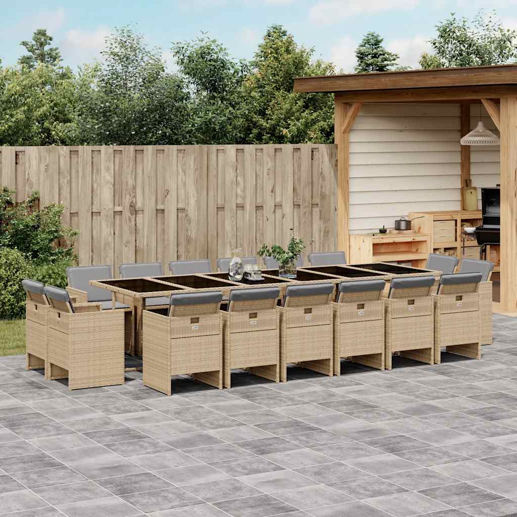 17 Piece Garden Dining Set with Cushions Poly Rattan Glass 16 pcs Mix beige