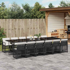 13 Piece Garden Dining Set with Cushions Poly Rattan Glass 12 pcs Black and cream