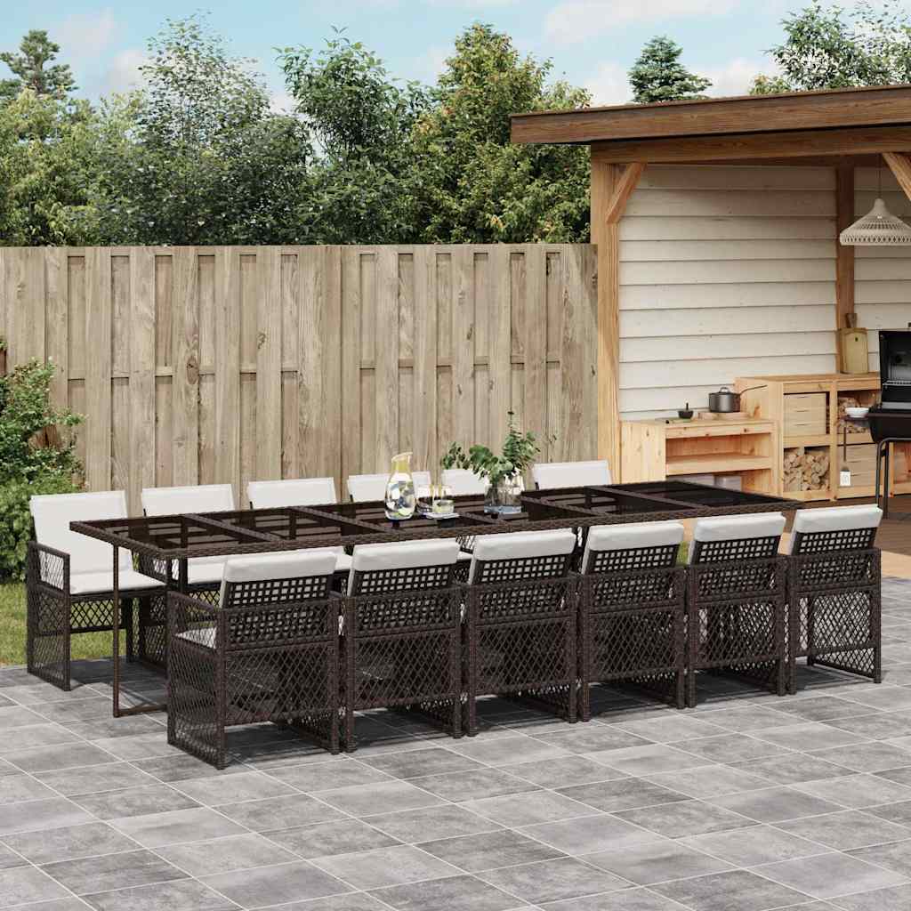 13 Piece Garden Dining Set with Cushions Poly Rattan Glass 12 pcs Brown and cream