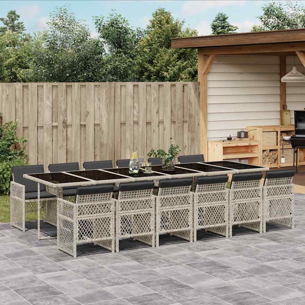 13 Piece Garden Dining Set with Cushions Poly Rattan Glass 12 pcs Light grey