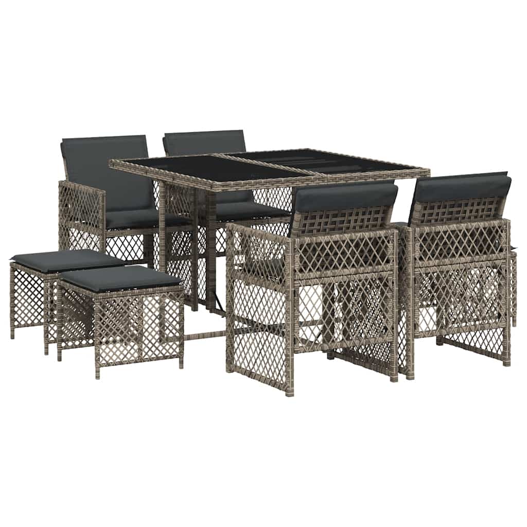 9 Piece Garden Dining Set with Cushions Poly Rattan Glass 8 pcs Grey