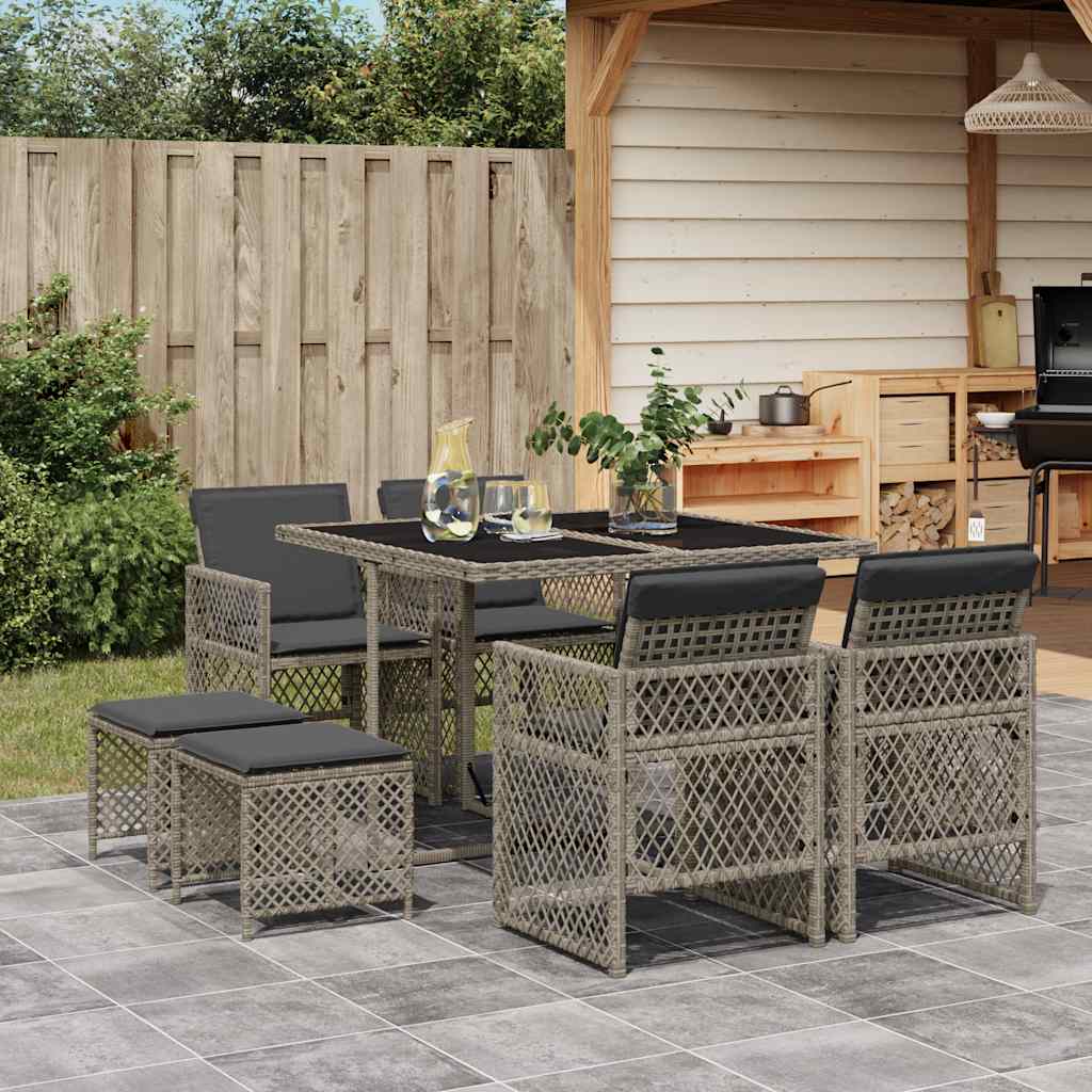 9 Piece Garden Dining Set with Cushions Poly Rattan Glass 8 pcs Grey