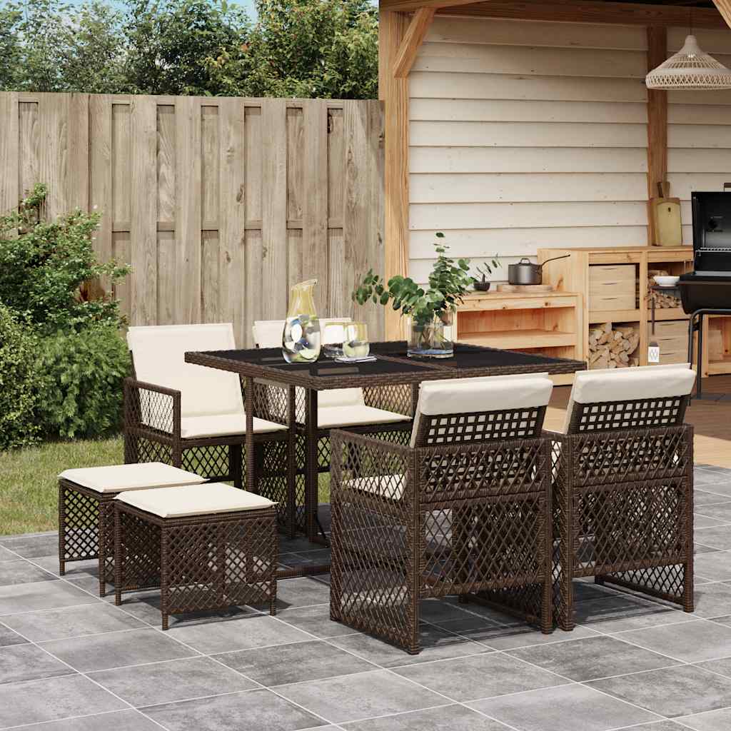 9 Piece Garden Dining Set with Cushions Poly Rattan Glass 8 pcs Brown and cream