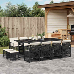 13 Piece Garden Dining Set with Cushions Poly Rattan Glass 12 pcs Black and cream