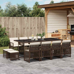 13 Piece Garden Dining Set with Cushions Poly Rattan Glass 12 pcs Brown and cream