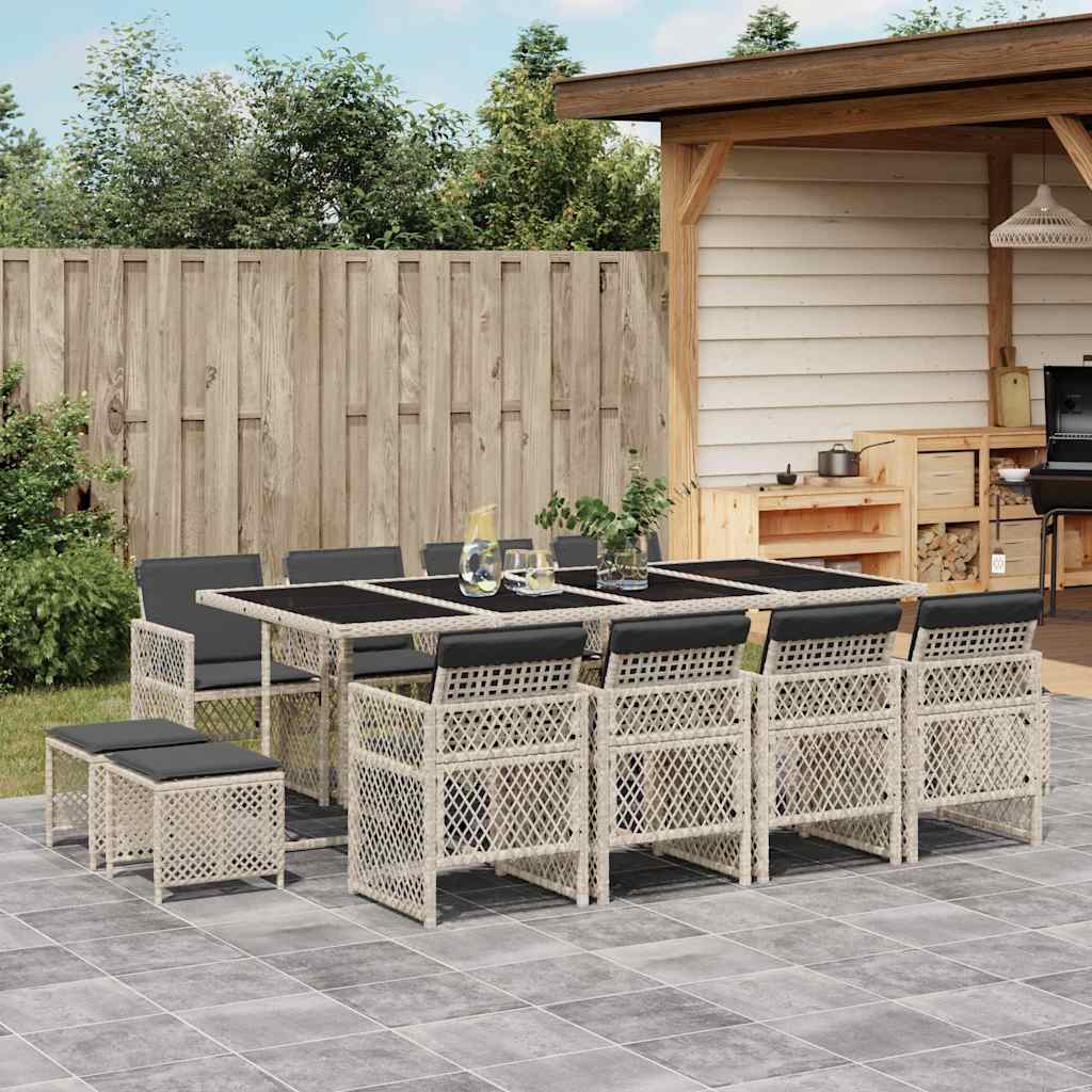 13 Piece Garden Dining Set with Cushions Poly Rattan Glass 12 pcs Light grey