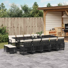 15 Piece Garden Dining Set with Cushions Poly Rattan Glass 14 pcs Black and cream