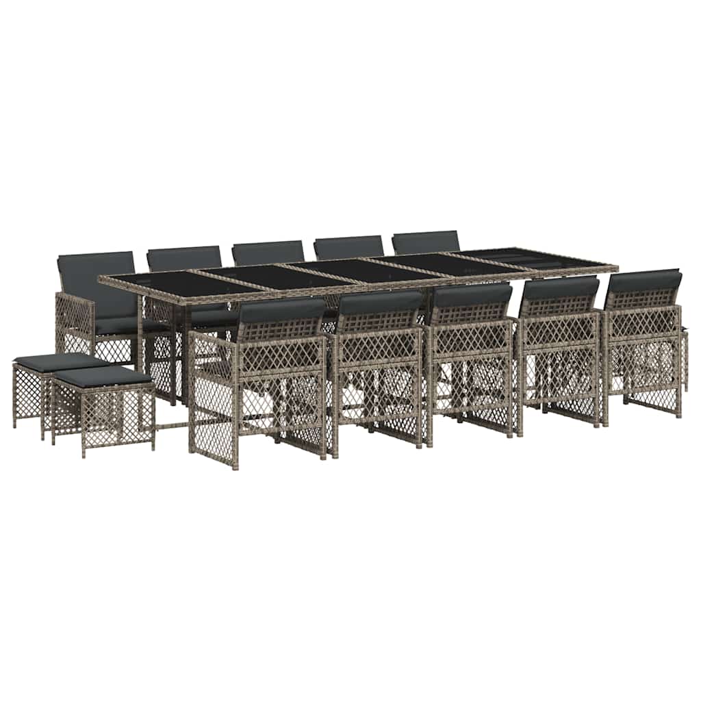 15 Piece Garden Dining Set with Cushions Poly Rattan Glass 14 pcs Grey