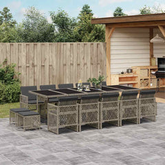 15 Piece Garden Dining Set with Cushions Poly Rattan Glass 14 pcs Grey