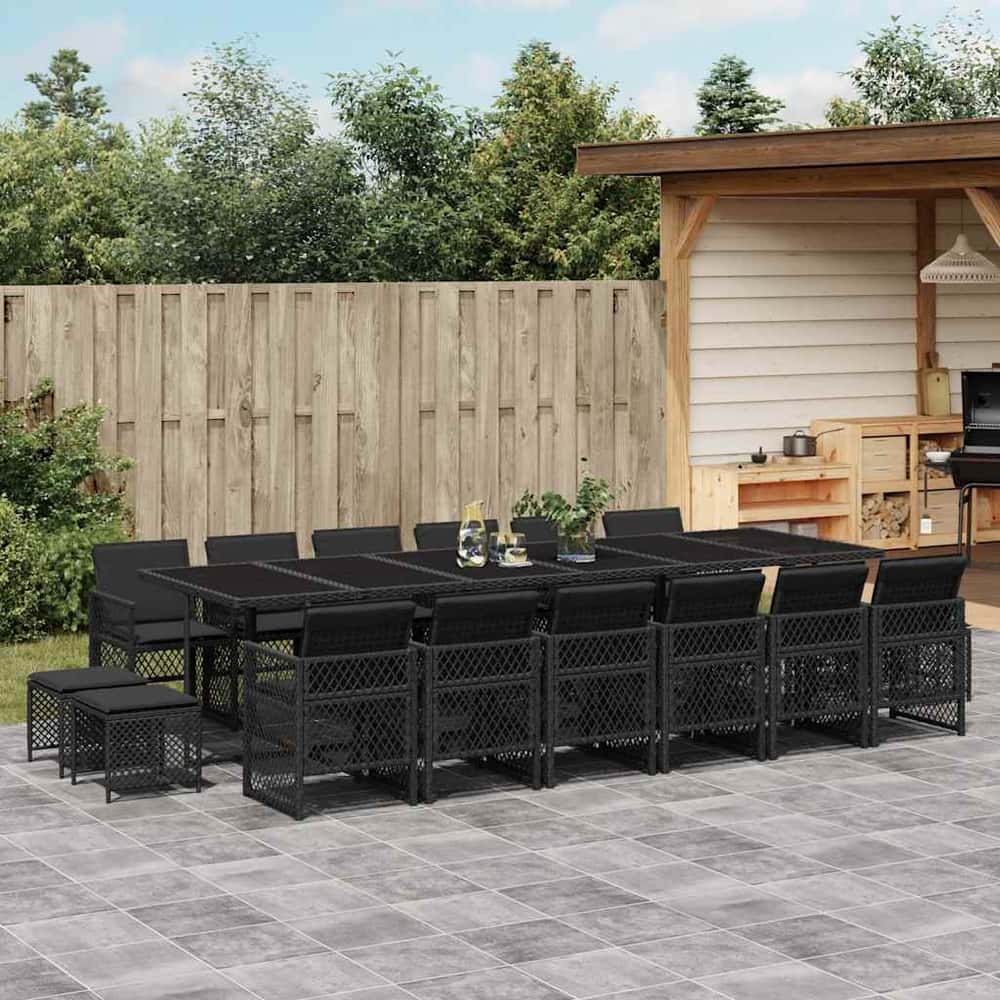 17 Piece Garden Dining Set with Cushions Poly Rattan Glass 16 pcs Black