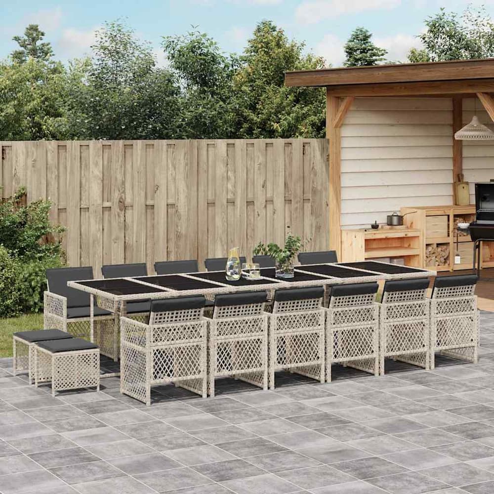 17 Piece Garden Dining Set with Cushions Poly Rattan Glass 16 pcs Light grey