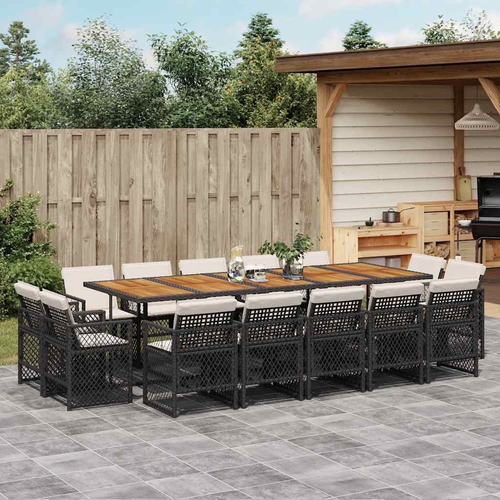 9 Piece Garden Dining Set with Cushions Poly Rattan Wood Black and cream 14