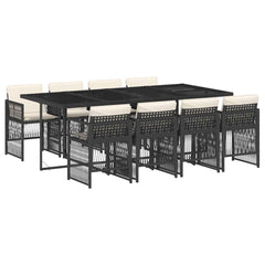 9 Piece Garden Dining Set with Cushions Poly Rattan Glass 8 pcs Black and cream