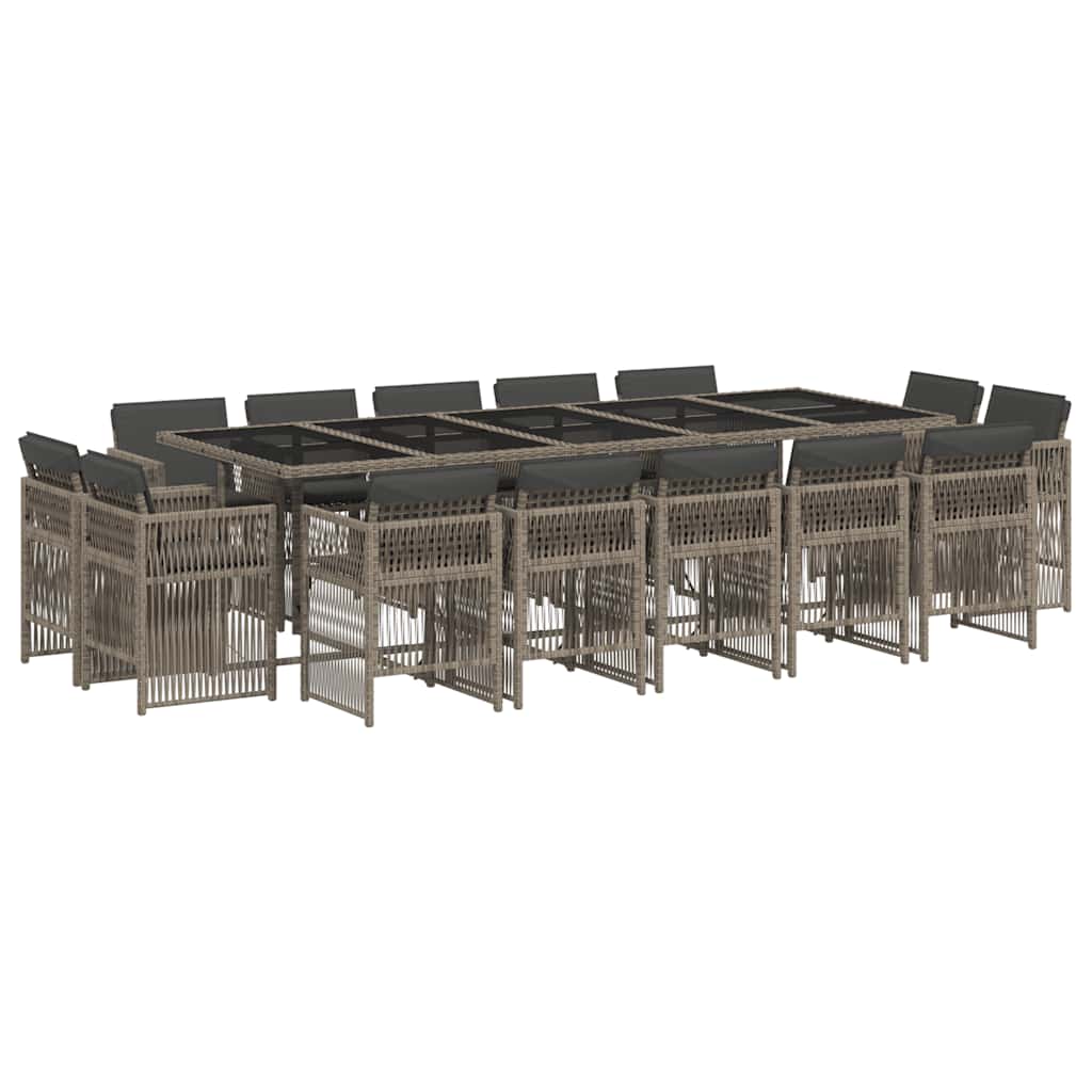15 Piece Garden Dining Set with Cushions Poly Rattan Glass 14 pcs Grey