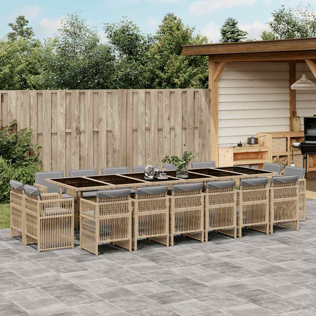 17 Piece Garden Dining Set with Cushions Poly Rattan Glass 16 pcs Mix beige
