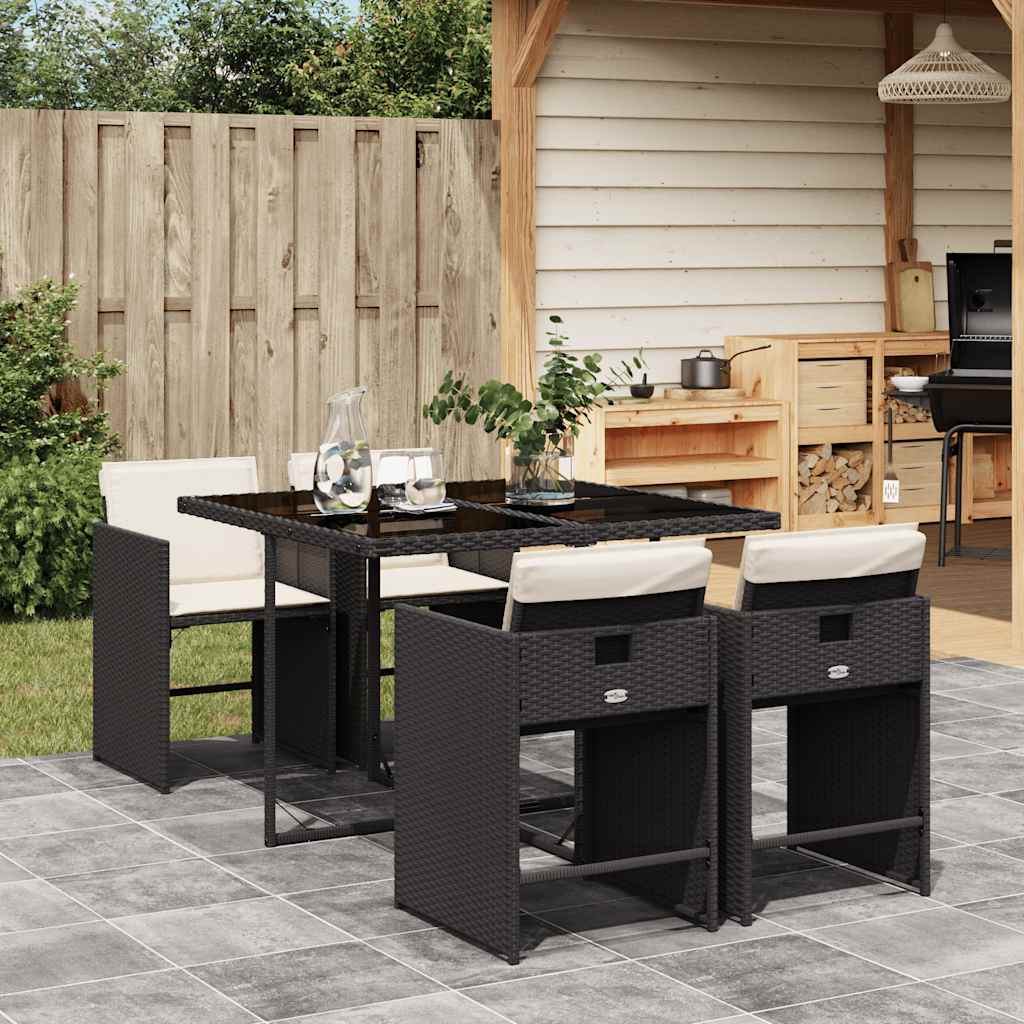 5 Piece Garden Dining Set with Cushions Poly Rattan Glass 4 pcs Black and cream