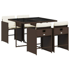 5 Piece Garden Dining Set with Cushions Poly Rattan Glass 4 pcs Brown and cream