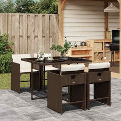 5 Piece Garden Dining Set with Cushions Poly Rattan Glass 4 pcs Brown and cream