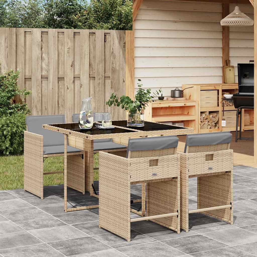 5 Piece Garden Dining Set with Cushions Poly Rattan Glass 4 pcs Mix beige