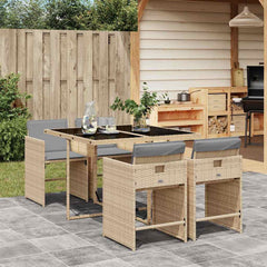5 Piece Garden Dining Set with Cushions Poly Rattan Glass 4 pcs Mix beige
