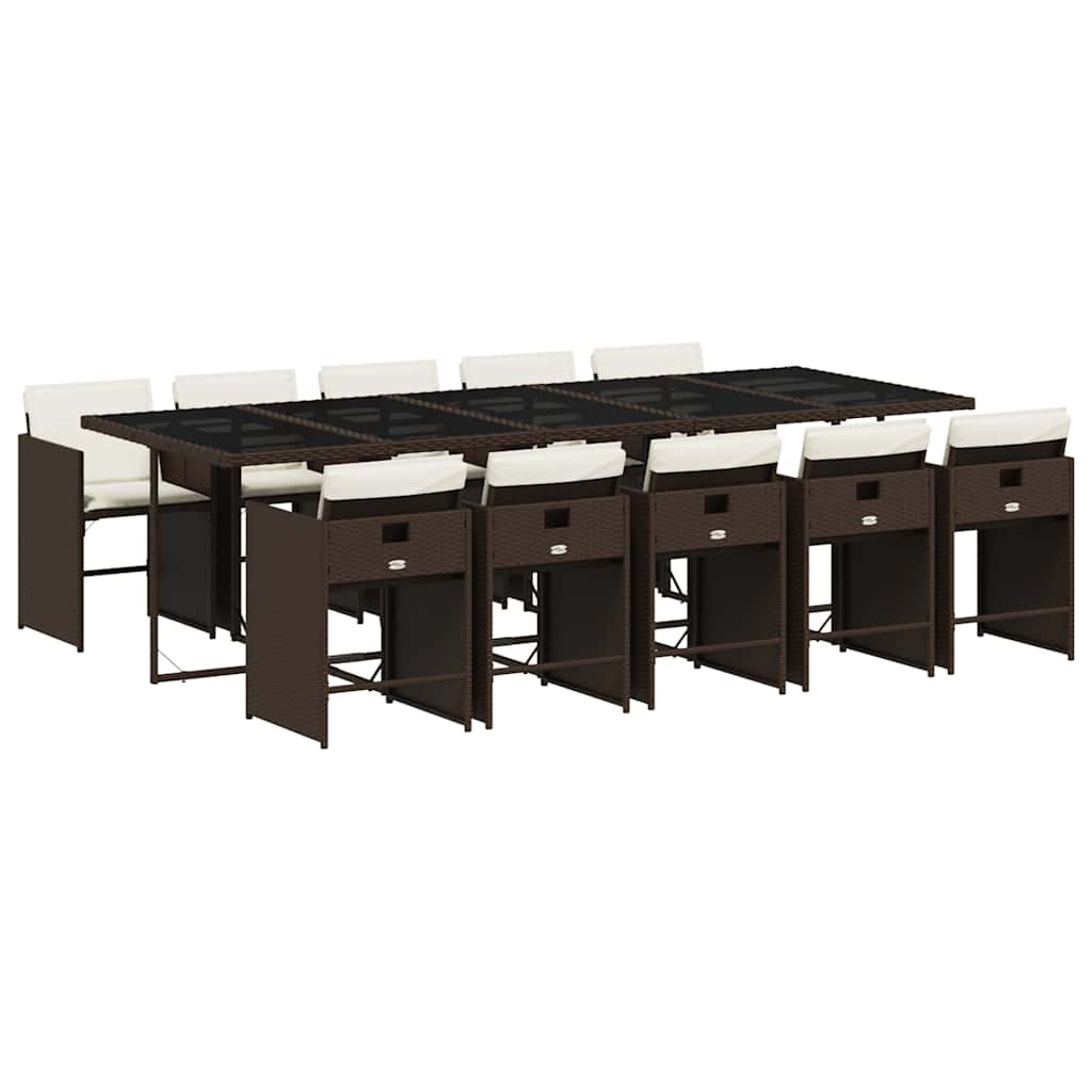 11 Piece Garden Dining Set with Cushions Poly Rattan Glass 10 pcs Brown and cream