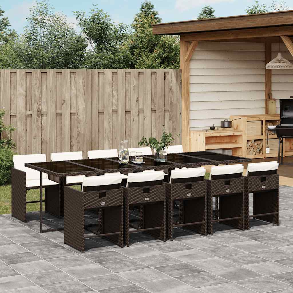 11 Piece Garden Dining Set with Cushions Poly Rattan Glass 10 pcs Brown and cream