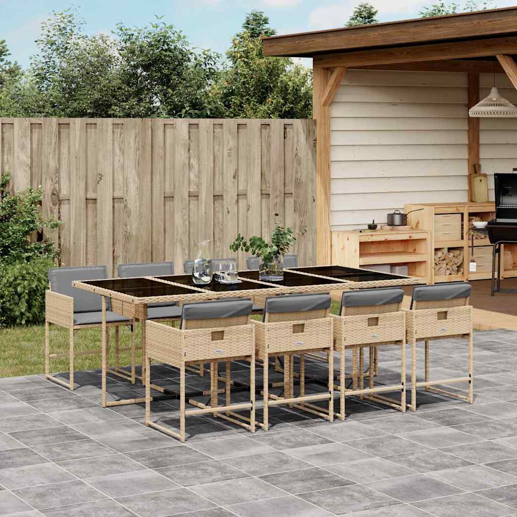 9 Piece Garden Dining Set with Cushions Poly Rattan Glass 8 pcs Mix beige