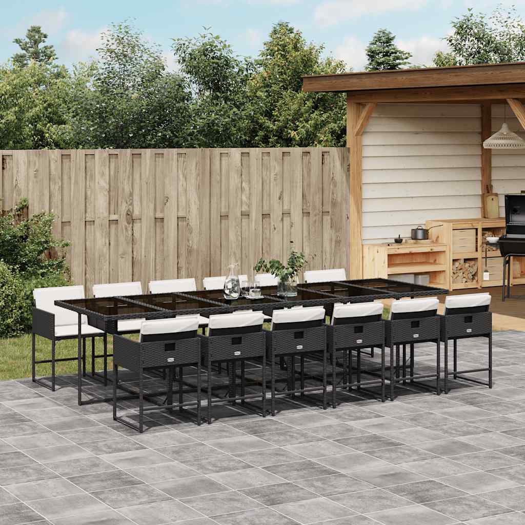 13 Piece Garden Dining Set with Cushions Poly Rattan Glass 12 pcs Black and cream