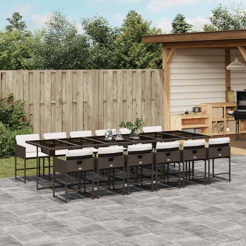13 Piece Garden Dining Set with Cushions Poly Rattan Glass 12 pcs Brown