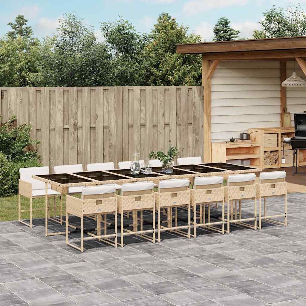 13 Piece Garden Dining Set with Cushions Poly Rattan Glass 12 pcs Beige