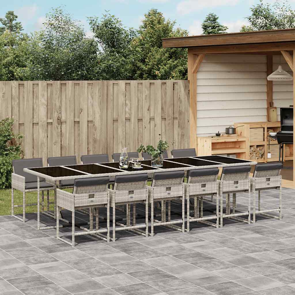 13 Piece Garden Dining Set with Cushions Poly Rattan Glass 12 pcs Light grey