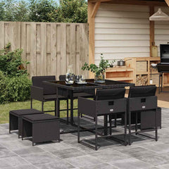 9 Piece Garden Dining Set with Cushions Poly Rattan Glass 8 pcs Black