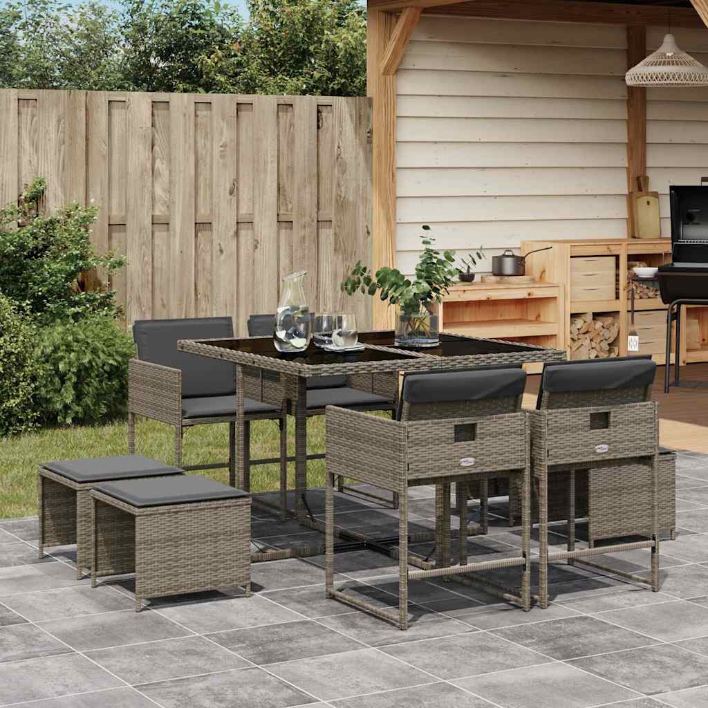 9 Piece Garden Dining Set with Cushions Poly Rattan Glass 8 pcs Grey