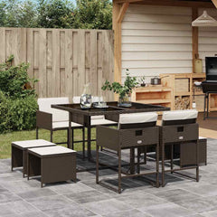 9 Piece Garden Dining Set with Cushions Poly Rattan Glass 8 pcs Brown