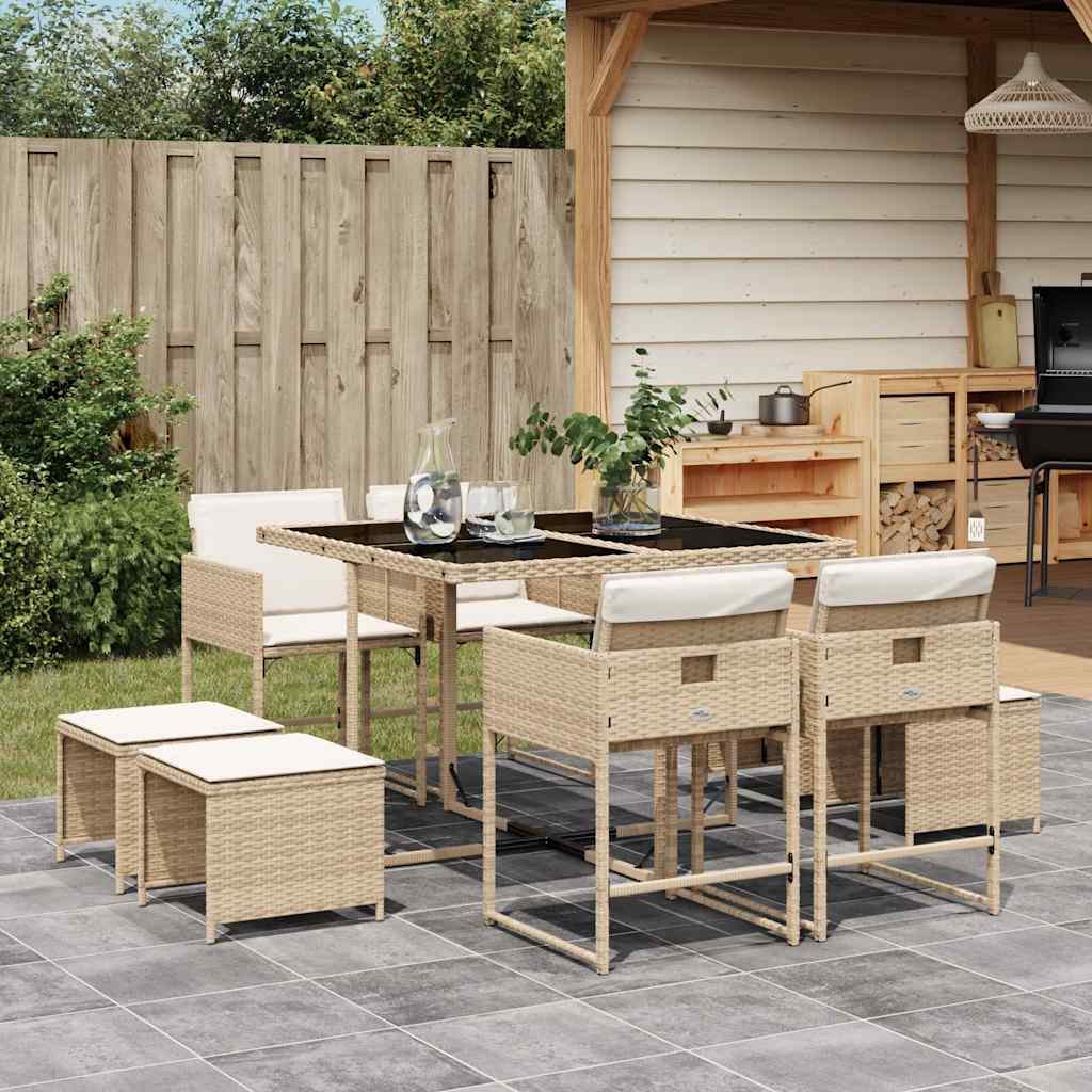 9 Piece Garden Dining Set with Cushions Poly Rattan Glass 8 pcs Beige