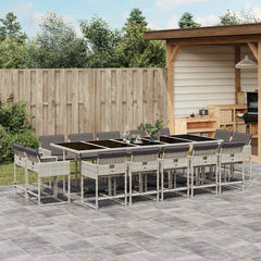 15 Piece Garden Dining Set with Cushions Poly Rattan Glass 14 pcs Light grey