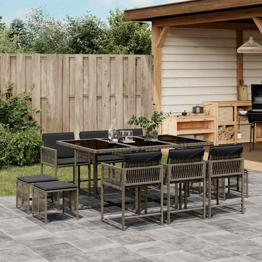 11 Piece Garden Dining Set with Cushions Poly Rattan Glass 10 pcs Grey