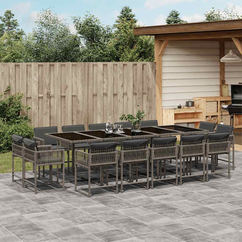 15 Piece Garden Dining Set with Cushions Poly Rattan Glass 14 pcs Grey