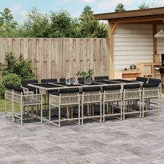 15 Piece Garden Dining Set with Cushions Poly Rattan Glass 14 pcs Light grey