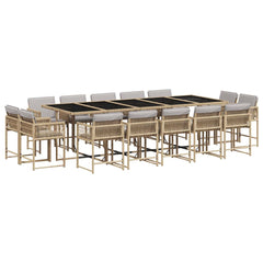 15 Piece Garden Dining Set with Cushions Poly Rattan Glass 14 pcs Mix beige