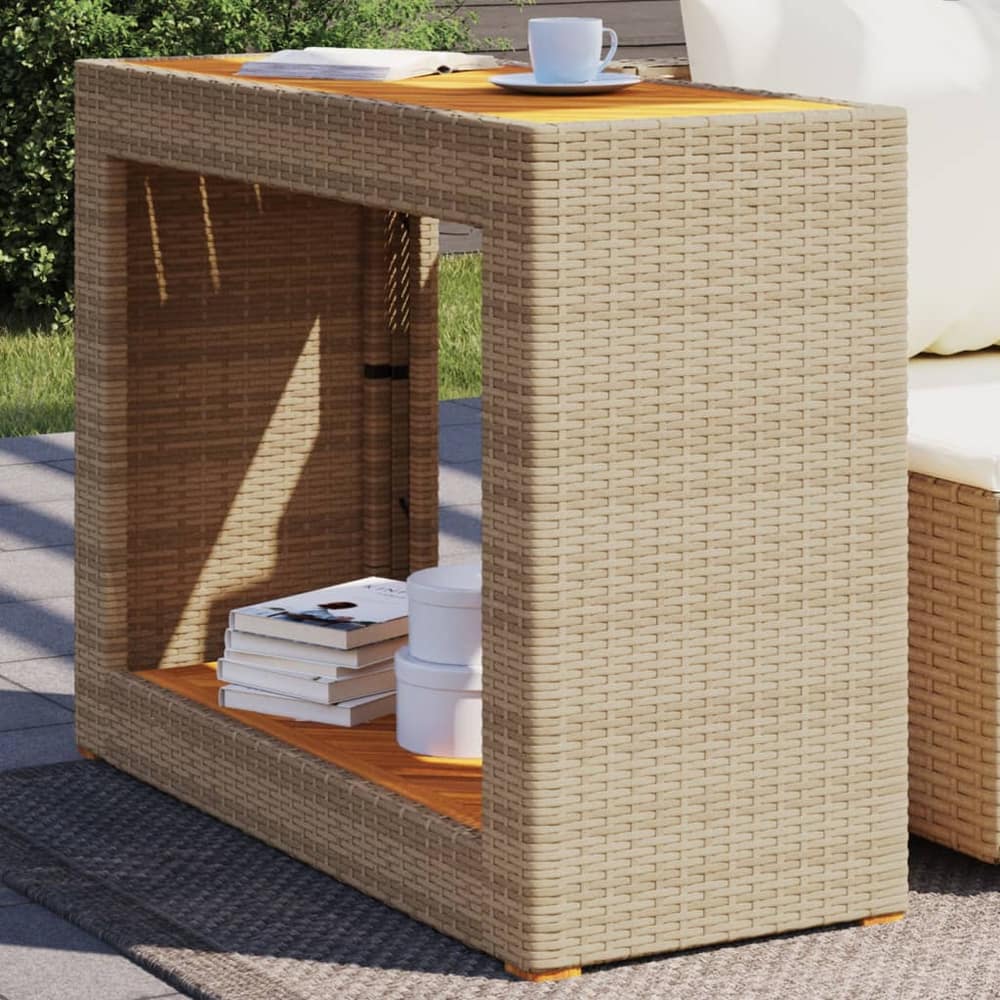 Garden Side Table with Wooden Top Poly Rattan Beige