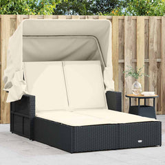 Double Sun Lounger with Canopy and Cushions Poly Rattan Black and cream