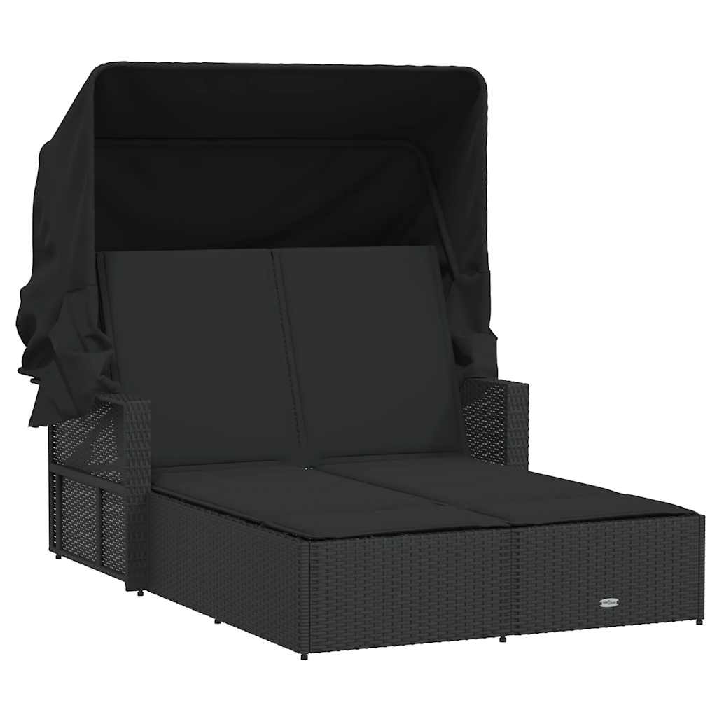 Double Sun Lounger with Canopy and Cushions Poly Rattan Black