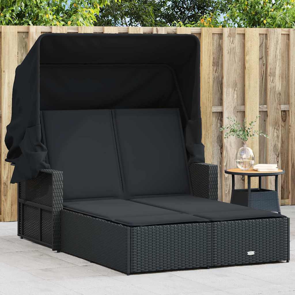 Double Sun Lounger with Canopy and Cushions Poly Rattan Black