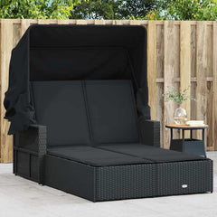 Double Sun Lounger with Canopy and Cushions Poly Rattan Black